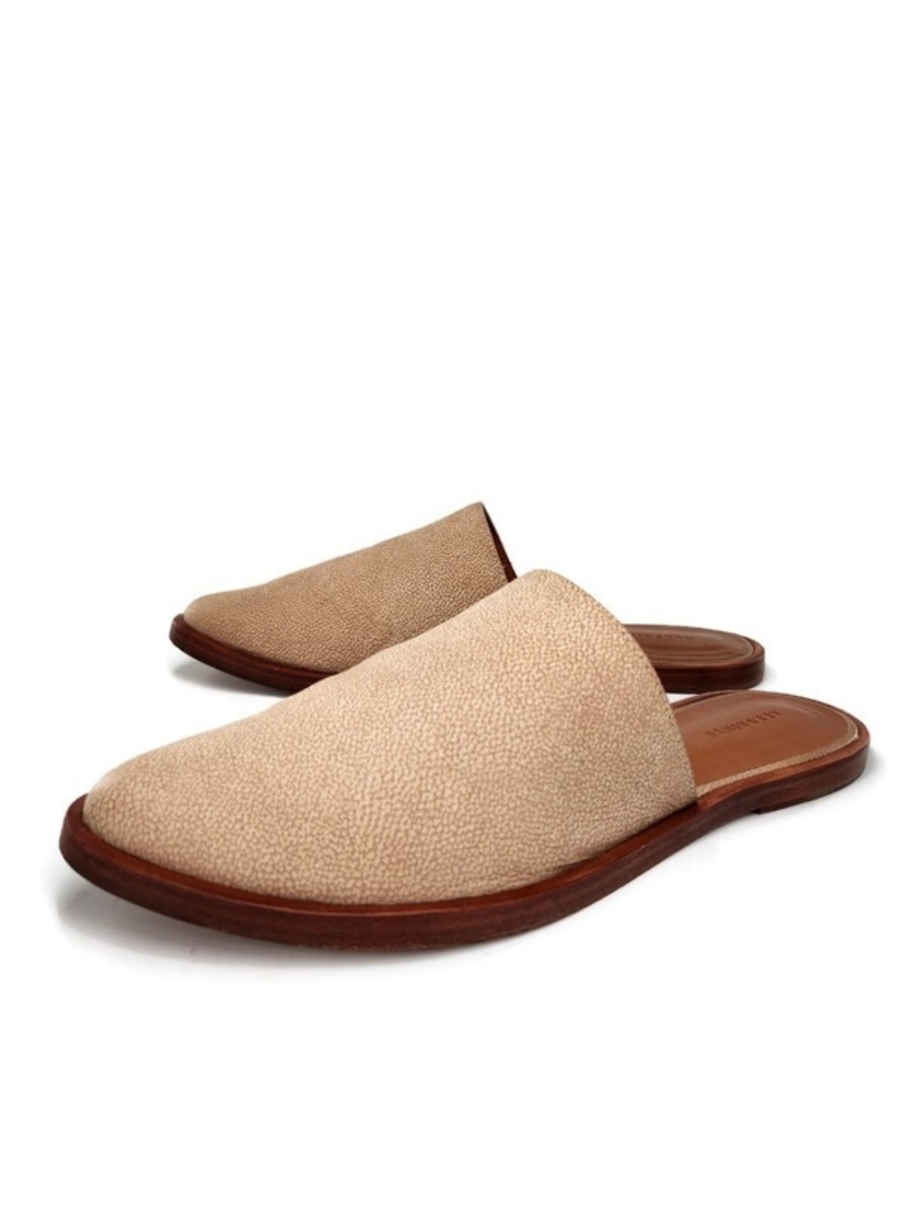 Allsaints Rick Tan Textured Brown Leather Closed Almond-Toe Flat Slide On Mules